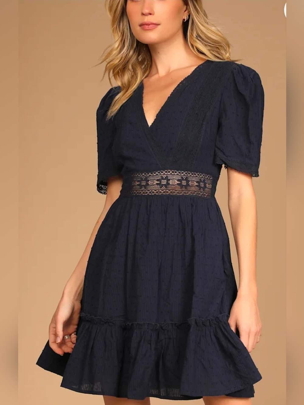 Lulus Poised and Perfect Navy Blue V-Neck Lace-Waist Mini Dress XL